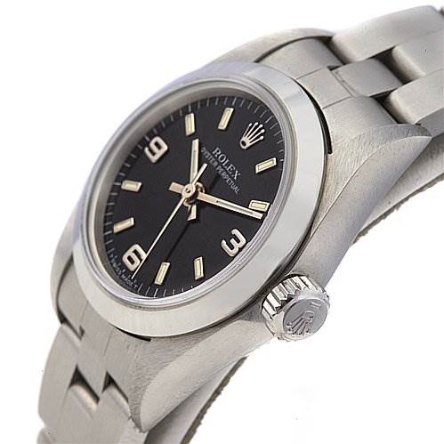 This is a side-angle view of a Rolex Oyster Perpetual 67180 Women's Stainless Steel Black Dial 67180 Women's Stainless Steel Black Dial watch, showing the face, crown, and part of the bracelet.