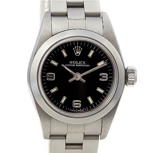 This image shows a front view of a Rolex Oyster Perpetual 67180 Women's Stainless Steel Black Dial 67180 Women's Stainless Steel Black Dial watch, highlighting its face and part of the bracelet.