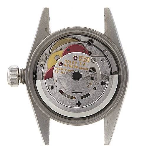This image shows the internal mechanism of a Rolex Oyster Perpetual 67180 Women's Stainless Steel Black Dial 67180 Women's Stainless Steel Black Dial model, captured from a back view with the case back removed.