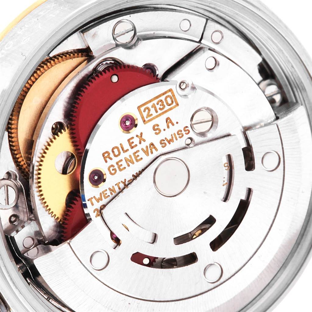 This image shows the internal movement mechanism of a Rolex Oyster Perpetual 67193 Women's Steel and Gold (two tone) Grey Dial 67193 Women's Steel and Gold (two tone) Grey Dial watch, viewed from the back.