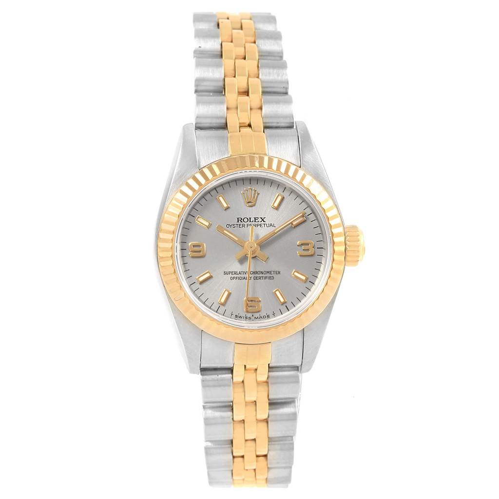 The image shows a front view of a Rolex Oyster Perpetual 67193 Women's Steel and Gold (two tone) Grey Dial 67193 Women's Steel and Gold (two tone) Grey Dial watch, displaying the dial, bezel, and two-tone bracelet.