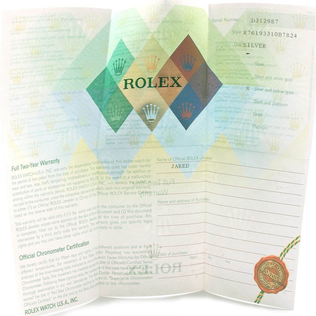 This image shows a warranty and certification card for a Rolex Oyster Perpetual 76193 Women's Steel and Gold (two tone) Silver Dial 76193 Women's Steel and Gold (two tone) Silver Dial model watch, highlighting the brand and model information.
