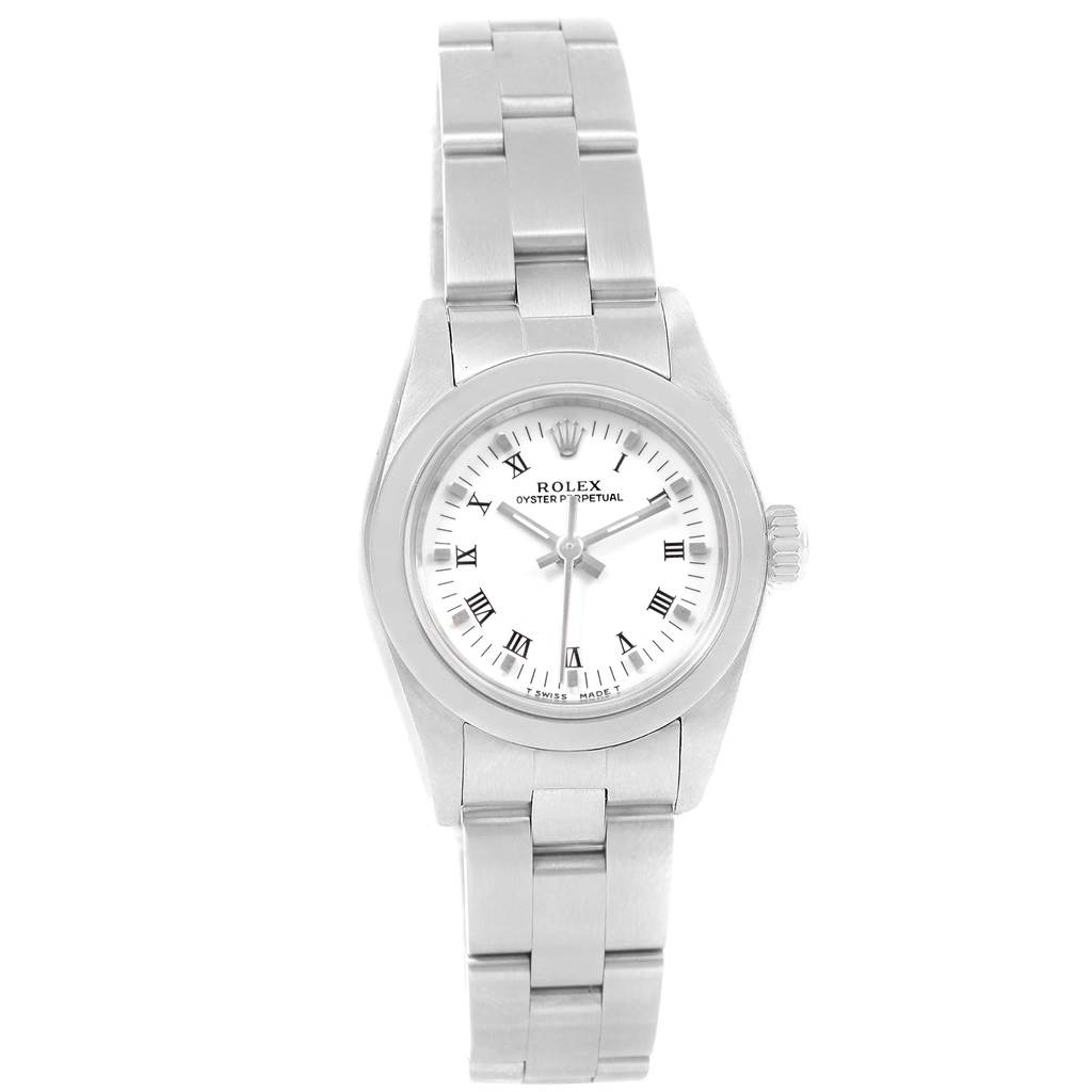 The Rolex Oyster Perpetual 67180 Women's Stainless Steel White Dial 67180 Women's Stainless Steel White Dial watch is shown in a top-down view, displaying the full face, bezel, and bracelet.