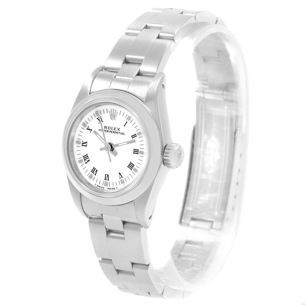 The Rolex Oyster Perpetual 67180 Women's Stainless Steel White Dial 67180 Women's Stainless Steel White Dial watch is shown from a front angle, highlighting its face, bezel, crown, and stainless steel bracelet.