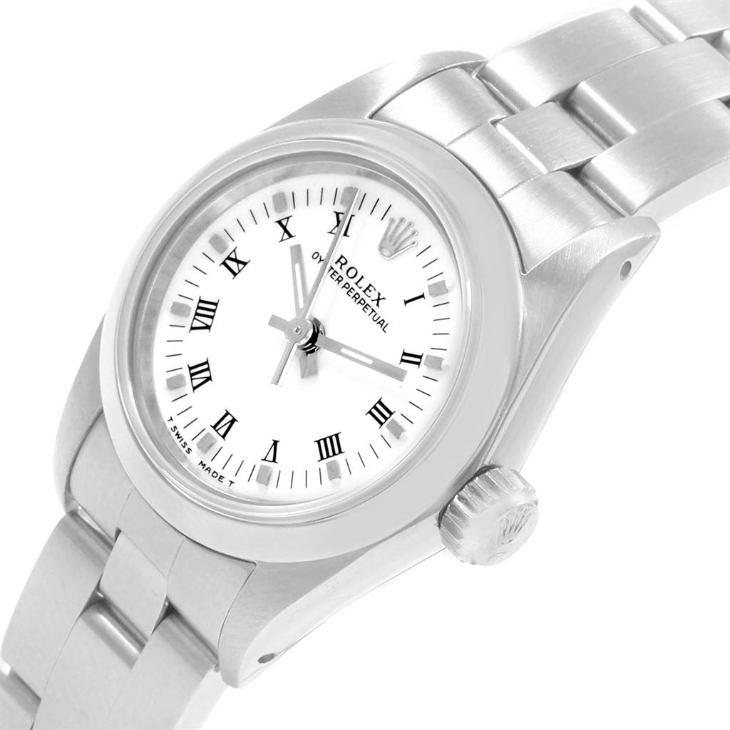 This image displays the face and part of the bracelet of a Rolex Oyster Perpetual 67180 Women's Stainless Steel White Dial 67180 Women's Stainless Steel White Dial watch from a slightly angled view.