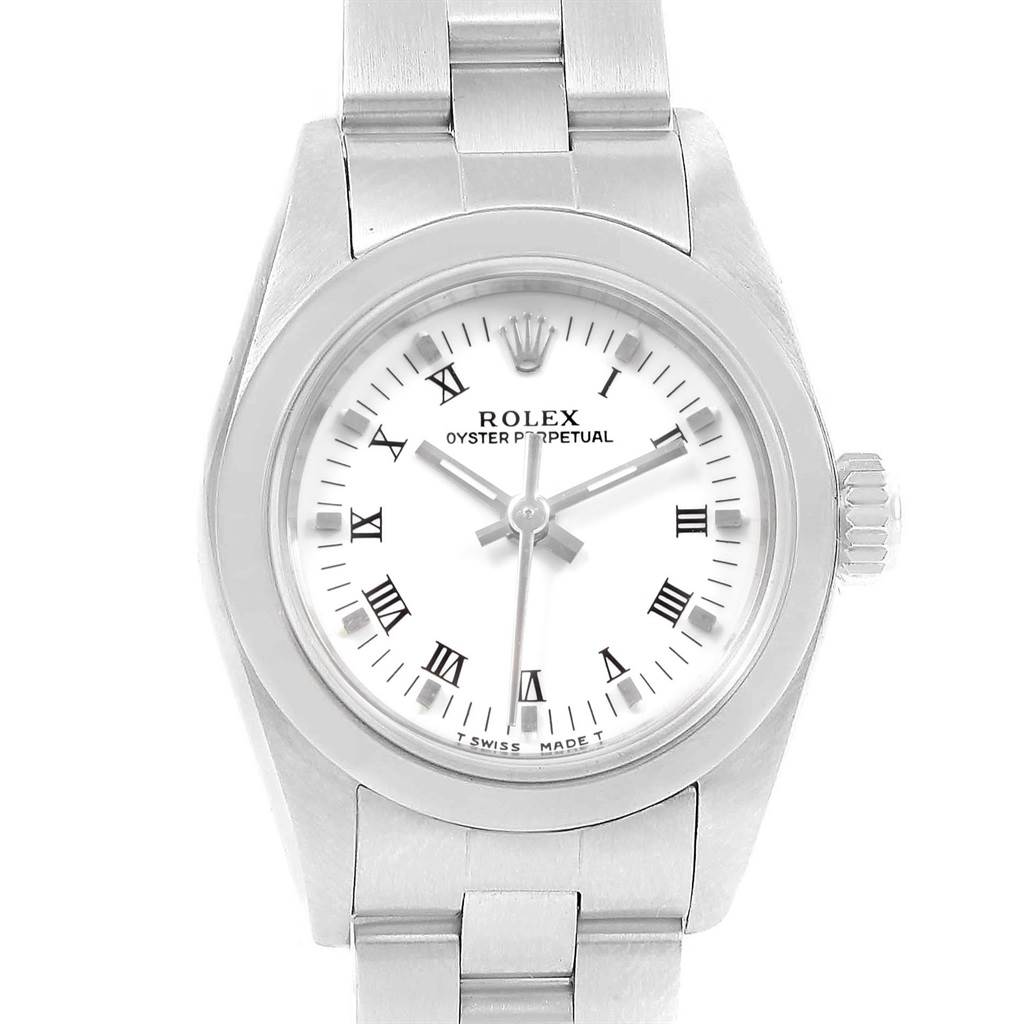 This image shows a front view of a Rolex Oyster Perpetual 67180 Women's Stainless Steel White Dial 67180 Women's Stainless Steel White Dial watch, displaying its white dial, Roman numerals, and stainless steel bracelet.