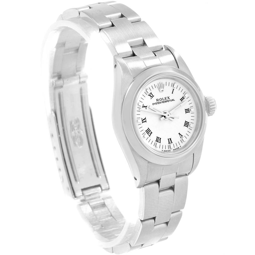 The image shows a side angle of the Rolex Oyster Perpetual 67180 Women's Stainless Steel White Dial 67180 Women's Stainless Steel White Dial watch, highlighting its bracelet and dial.