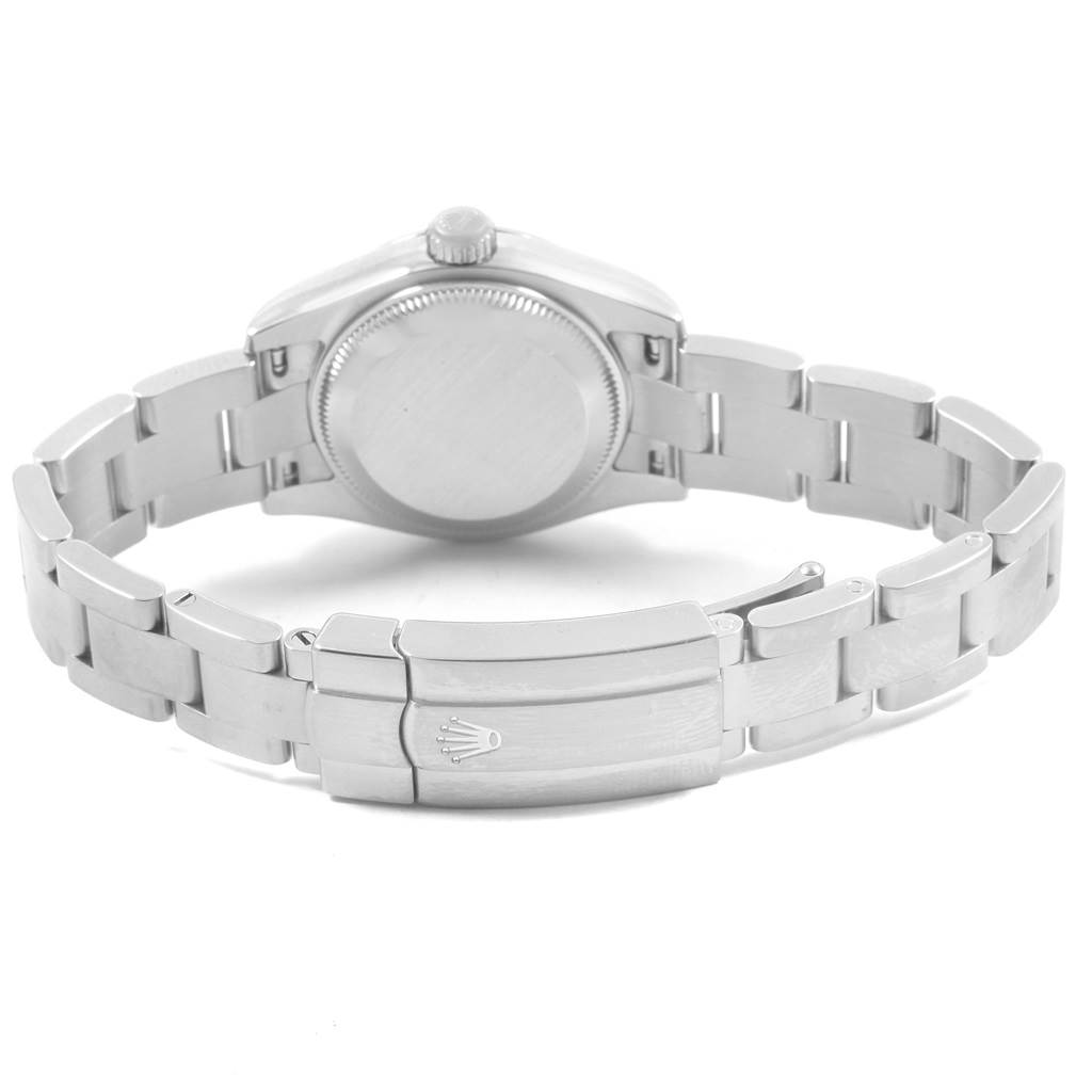 The image shows the back angle of the Rolex Oyster Perpetual 176200 Women's Stainless Steel Silver Dial 176200 Women's Stainless Steel Silver Dial, highlighting its case back and bracelet with a visible clasp.