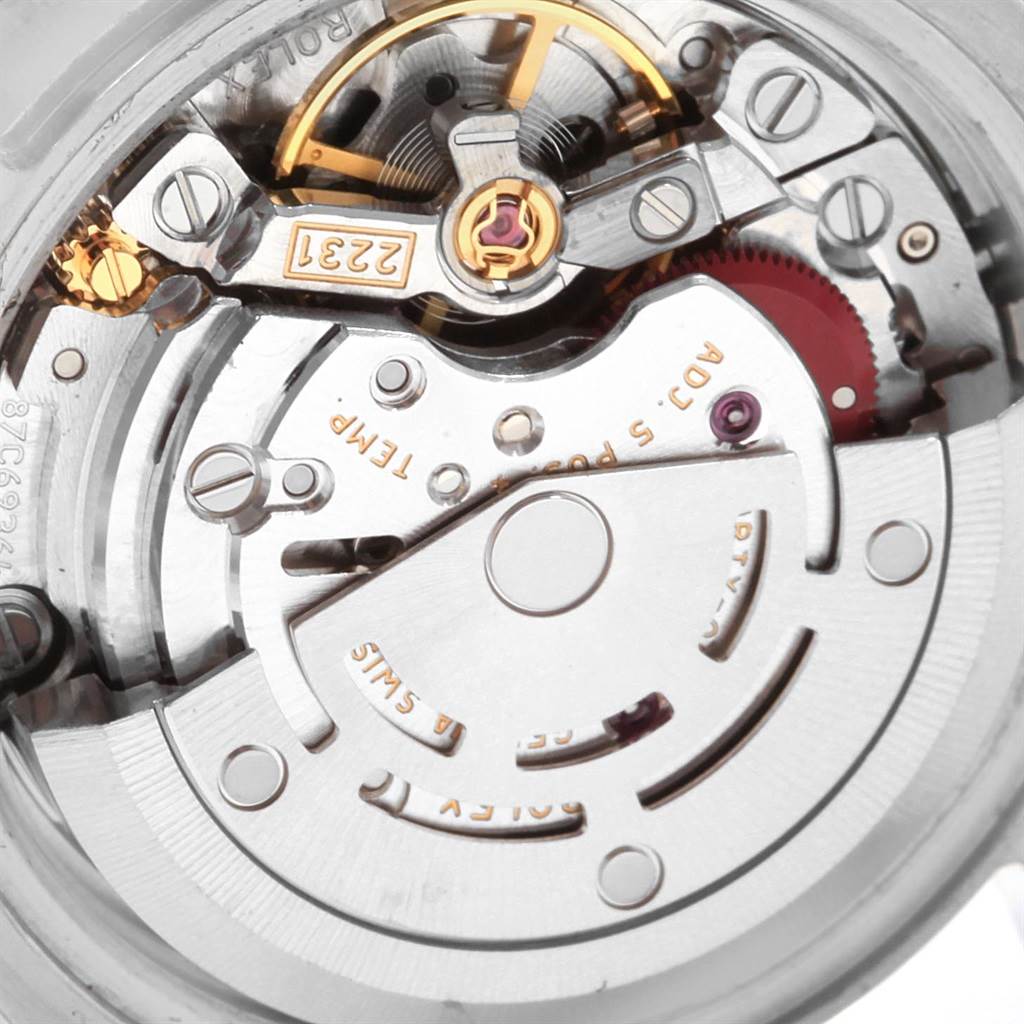 The image shows a close-up of the movement mechanism inside a Rolex Oyster Perpetual 176200 Women's Stainless Steel Silver Dial 176200 Women's Stainless Steel Silver Dial watch.