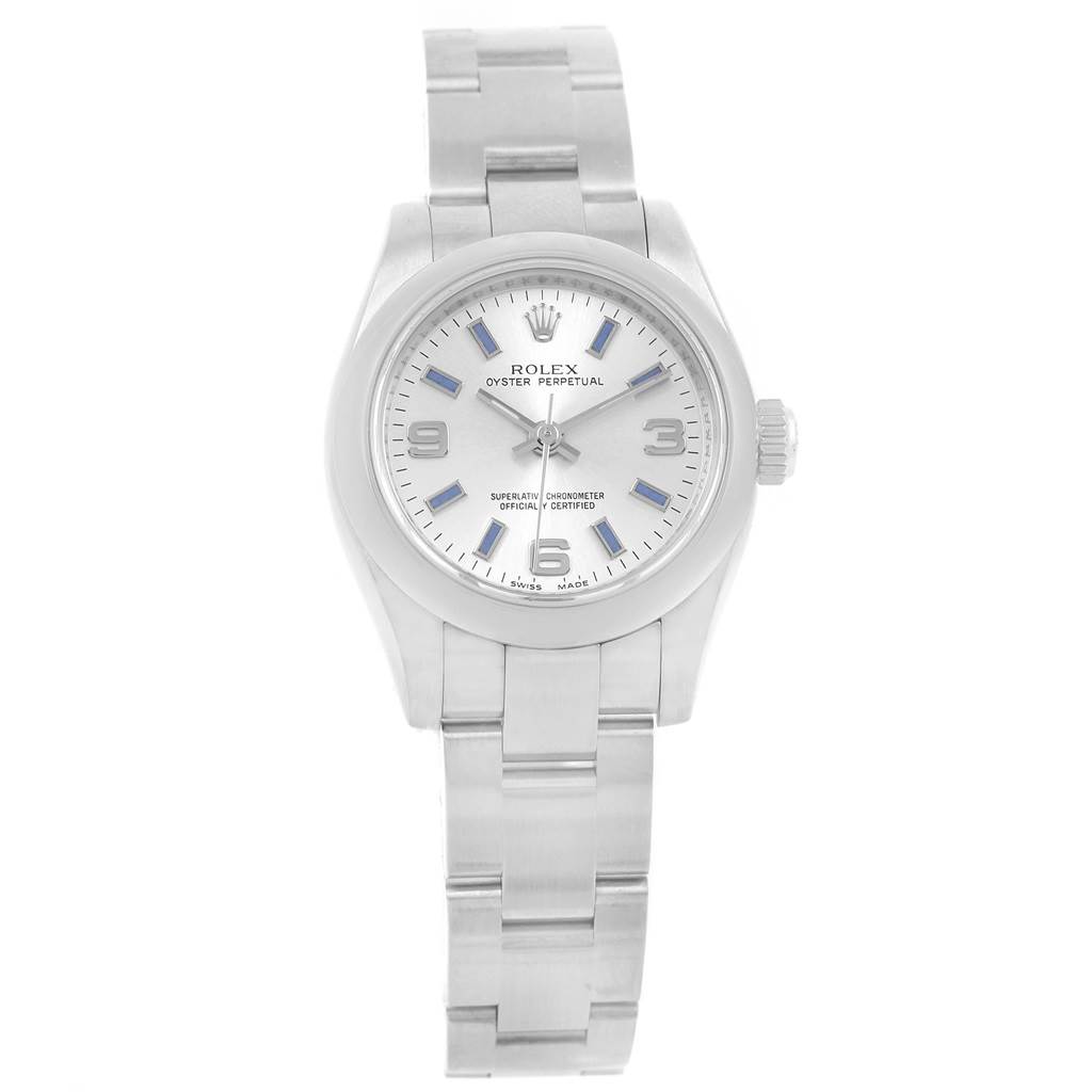 The image displays a front view of the Rolex Oyster Perpetual 176200 Women's Stainless Steel Silver Dial 176200 Women's Stainless Steel Silver Dial watch, showcasing its dial, bracelet, and crown.