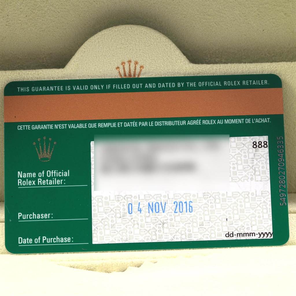 The image shows a close-up of the warranty card for a Rolex Oyster Perpetual 176200 Women's Stainless Steel Silver Dial 176200 Women's Stainless Steel Silver Dial watch.