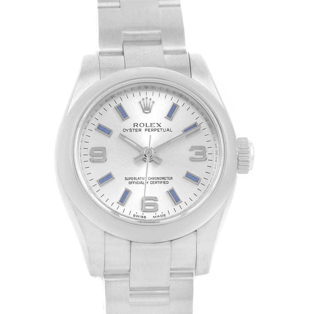 This image shows a front view of the Rolex Oyster Perpetual 176200 Women's Stainless Steel Silver Dial 176200 Women's Stainless Steel Silver Dial watch, highlighting the dial, hands, and part of the bracelet.