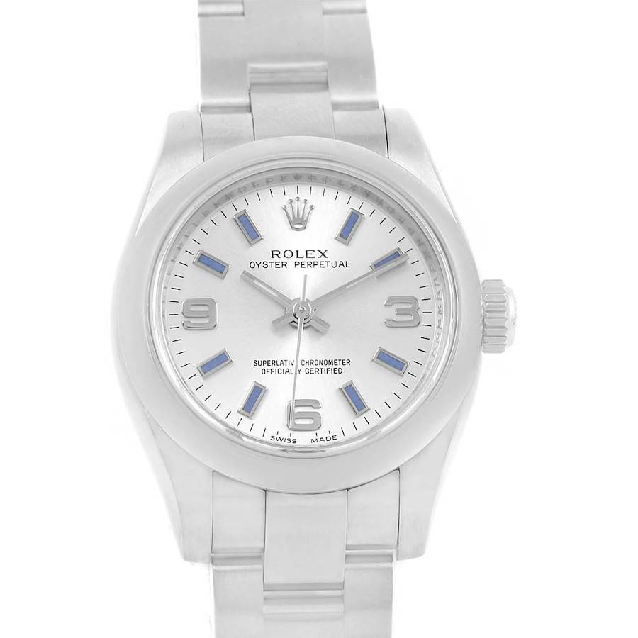 Rolex Nondate Silver Dial Blue Hour Markers Ladies Watch 176200 Box Card SwissWatchExpo