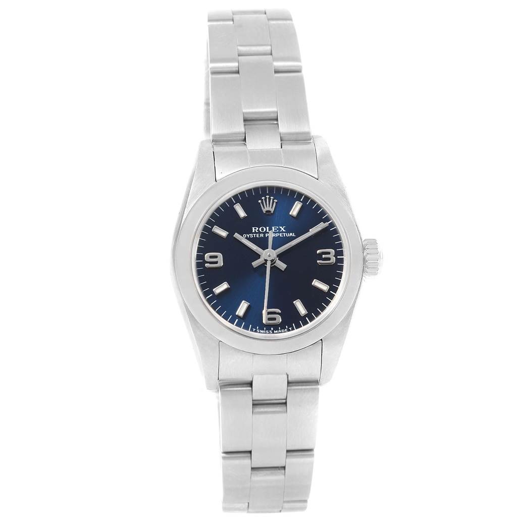 The Rolex Oyster Perpetual 67180 Women's Stainless Steel Blue Dial 67180 Women's Stainless Steel Blue Dial watch is shown from a front angle, displaying the dial, hour markers, hands, case, and bracelet.