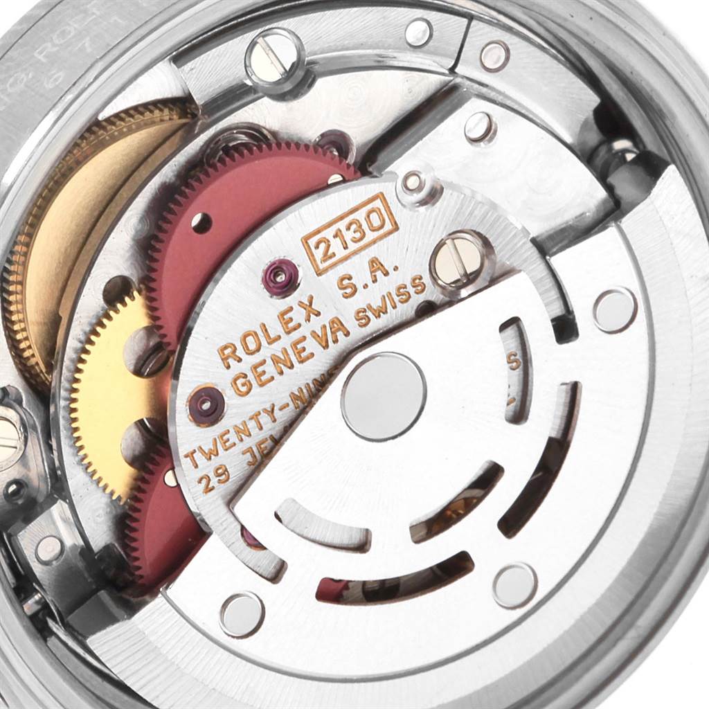 The image shows the internal movement mechanism of a Rolex Oyster Perpetual 67180 Women's Stainless Steel Blue Dial 67180 Women's Stainless Steel Blue Dial watch from a top-down angle.