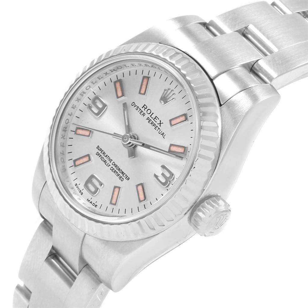 This image shows the dial, bezel, and a portion of the bracelet strap of a Rolex Oyster Perpetual 176234 Women's Stainless Steel  176234 Women's Stainless Steel  watch at an angled close-up.