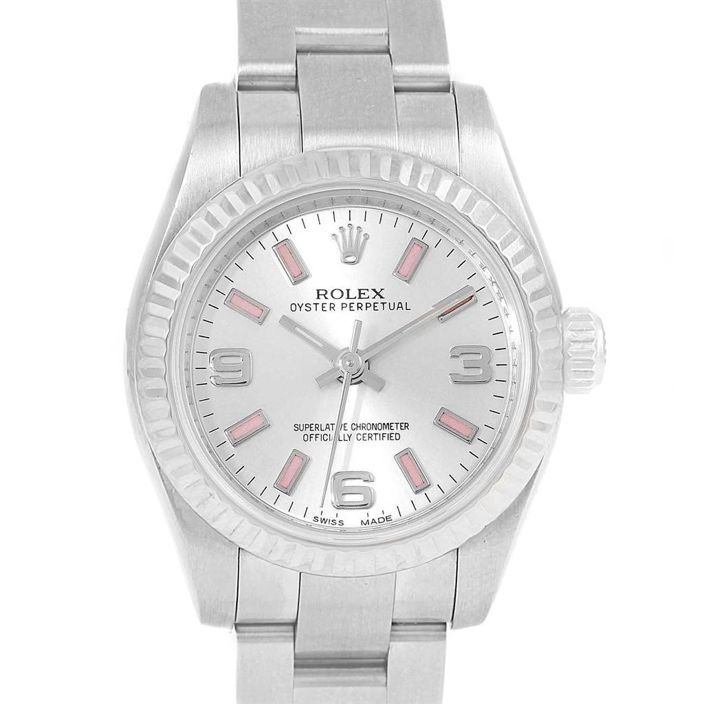 This image shows a front view of the Rolex Oyster Perpetual 176234 Women's Stainless Steel  176234 Women's Stainless Steel  watch, displaying its dial, bezel, and bracelet.
