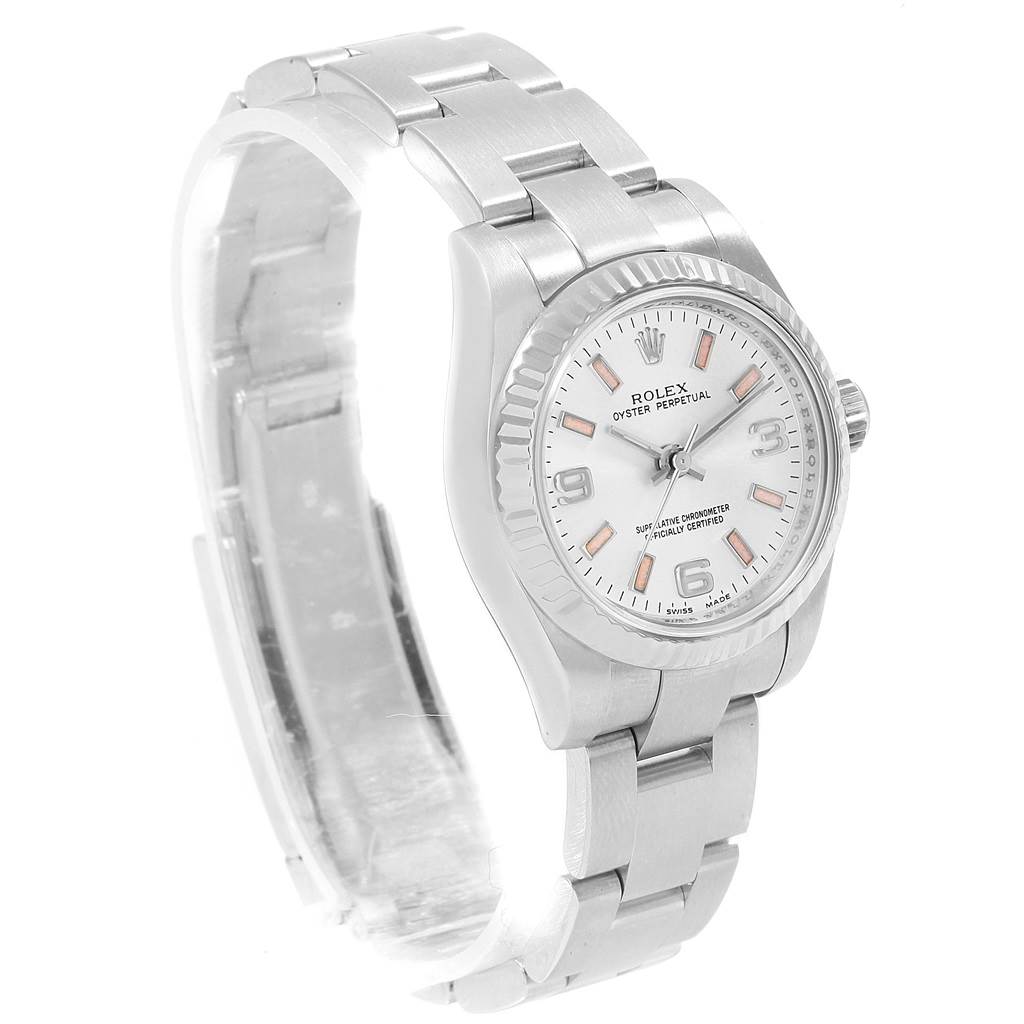 The Rolex Oyster Perpetual 176234 Women's Stainless Steel  176234 Women's Stainless Steel  watch is shown at an angle displaying the face, bezel, crown, and part of the bracelet.