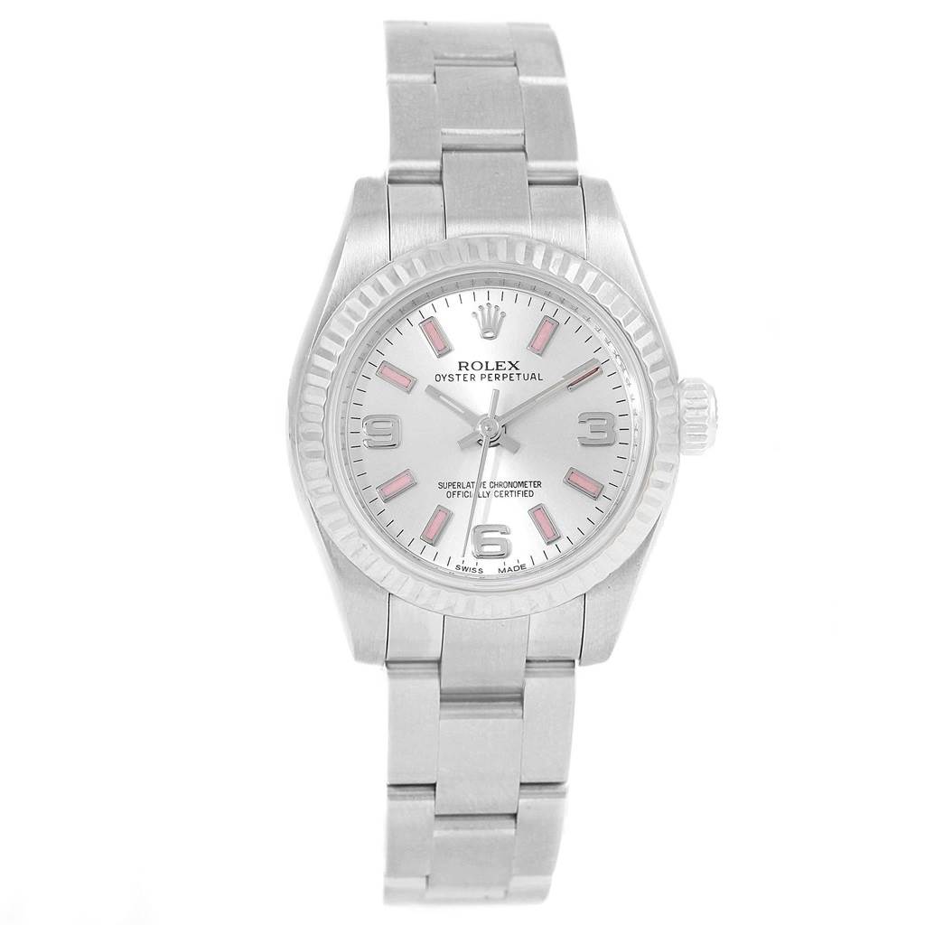 This Rolex Oyster Perpetual 176234 Women's Stainless Steel  176234 Women's Stainless Steel  watch is shown from a front angle, displaying its dial, bezel, and bracelet.