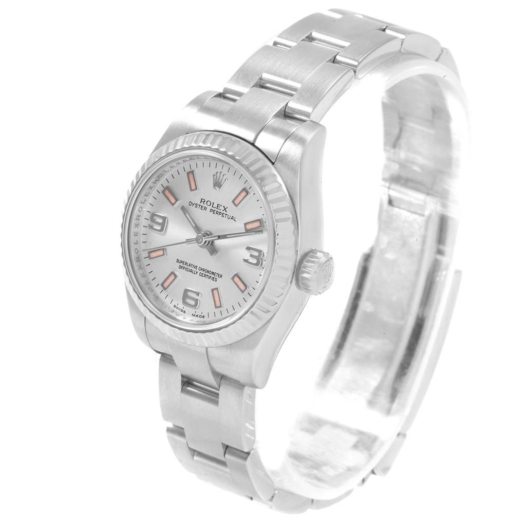 The image shows a front angled view of a Rolex Oyster Perpetual 176234 Women's Stainless Steel  176234 Women's Stainless Steel  watch, displaying the face, bezel, crown, and bracelet.