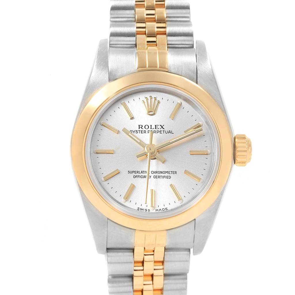 This image shows a front view of the Rolex Oyster Perpetual 76183 Women's Steel and Gold (two tone) Silver Dial 76183 Women's Steel and Gold (two tone) Silver Dial watch, highlighting the dial, case, and bracelet.