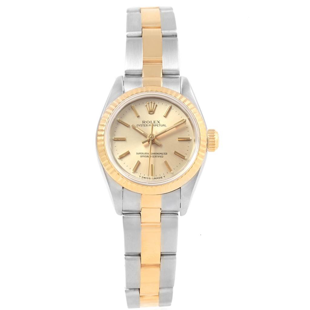 The Rolex Oyster Perpetual 67193 Women's Steel and Gold (two tone) Silver Dial 67193 Women's Steel and Gold (two tone) Silver Dial watch is shown from a front angle, displaying its face and two-tone metal bracelet.