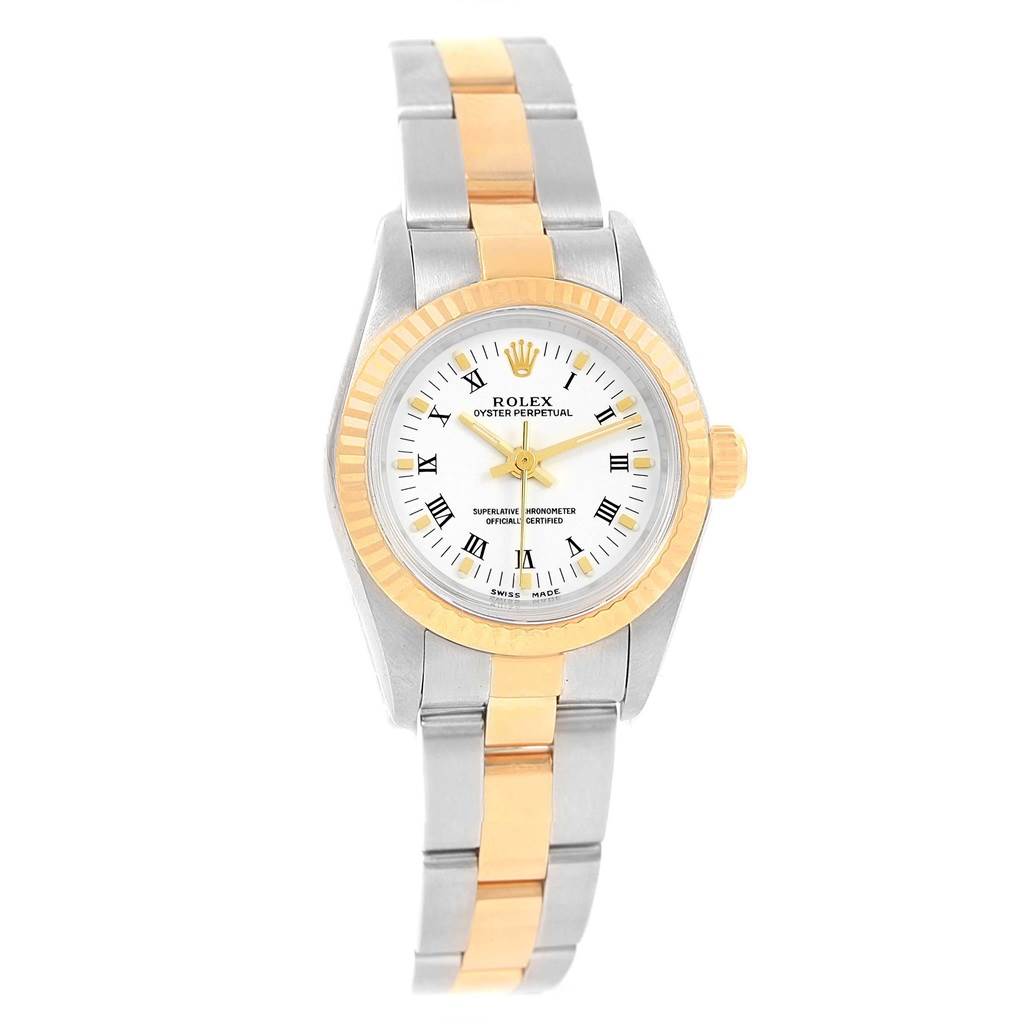 The image shows a front view of a Rolex Oyster Perpetual 76193 Women's Steel and Gold (two tone) White Dial 76193 Women's Steel and Gold (two tone) White Dial watch, highlighting its dial and two-tone bracelet.