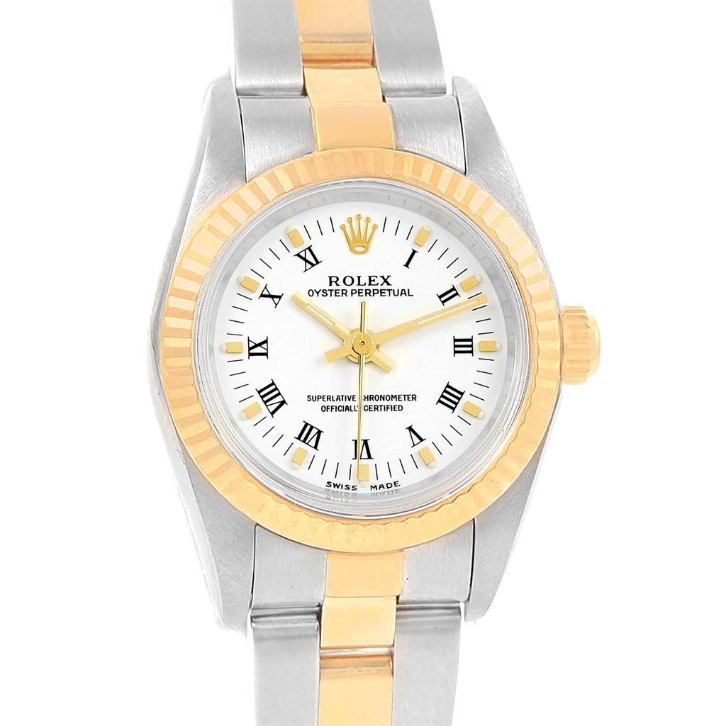 This image shows a front view of a Rolex Oyster Perpetual 76193 Women's Steel and Gold (two tone) White Dial 76193 Women's Steel and Gold (two tone) White Dial watch with a two-tone bracelet and a white dial with Roman numerals.