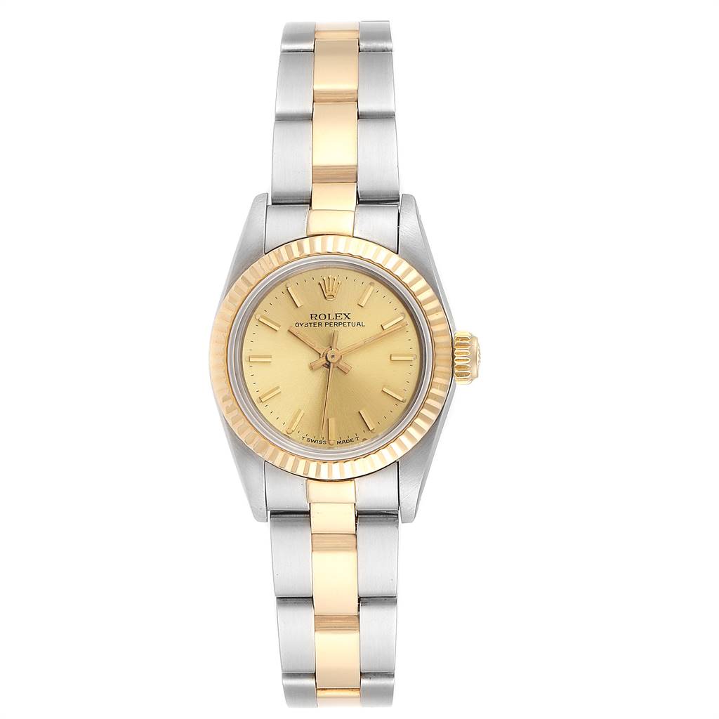 This image shows a Rolex Oyster Perpetual 67193 Women
s Steel and Gold (two tone) Champagne Dial 67193 Women
s Steel and Gold (two tone) Champagne Dial watch with a gold and stainless steel bracelet, straight-on view of the dial and bracelet.