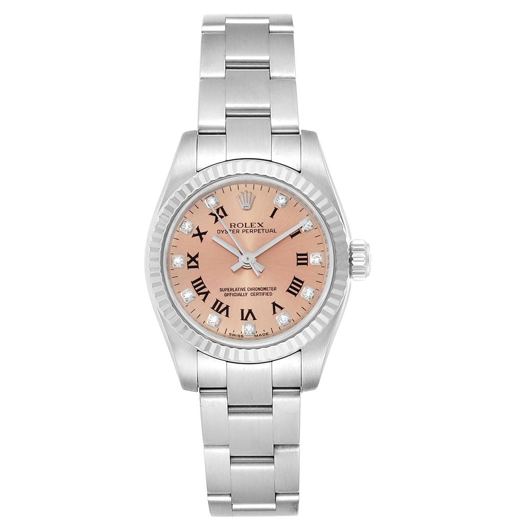 This image shows the front view of a Rolex Oyster Perpetual 176234 Women's Stainless Steel Pink Dial 176234 Women's Stainless Steel Pink Dial watch with a pink dial and Roman numerals.