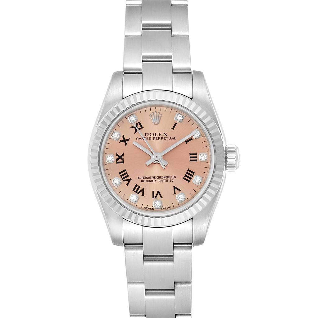 The image shows a Rolex Oyster Perpetual 176234 Women's Stainless Steel Pink Dial 176234 Women's Stainless Steel Pink Dial watch from the front, highlighting its bracelet, bezel, dial, and crown.