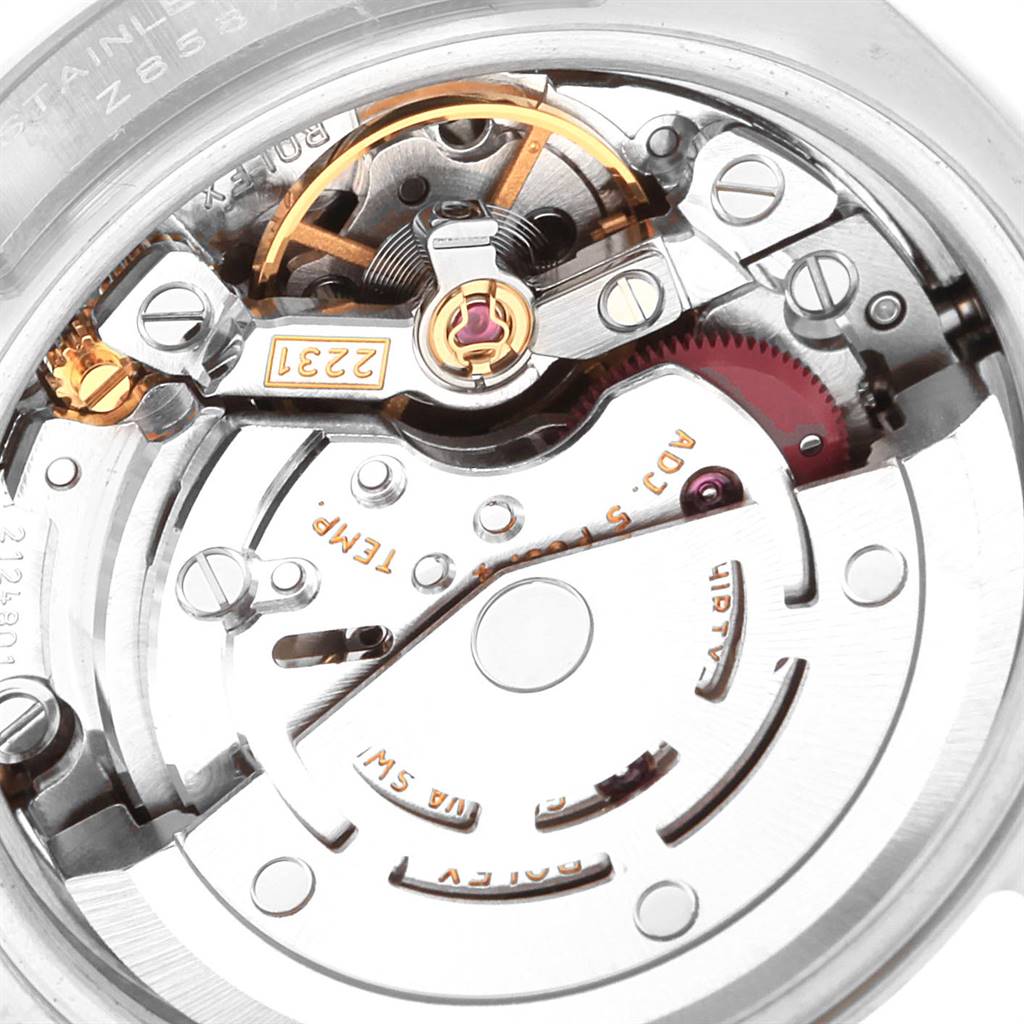 This image displays the intricate inner workings of a Rolex Oyster Perpetual 176234 Women's Stainless Steel Pink Dial 176234 Women's Stainless Steel Pink Dial watch, viewed from the back.