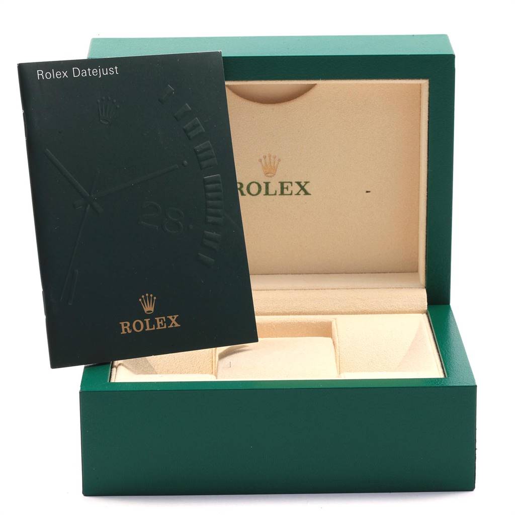 The image shows a green Rolex Oyster Perpetual 176234 Women's Stainless Steel Pink Dial 176234 Women's Stainless Steel Pink Dial watch box and an accompanying Rolex Datejust booklet.