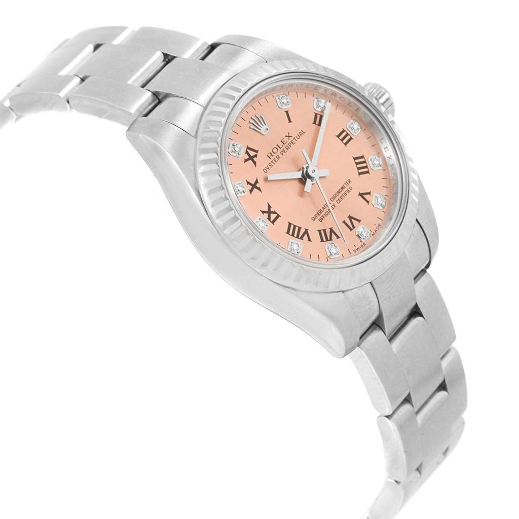 The image shows a side angle of a Rolex Oyster Perpetual 176234 Women's Stainless Steel Pink Dial 176234 Women's Stainless Steel Pink Dial watch displaying its pink dial, Roman numerals, and metal bracelet.
