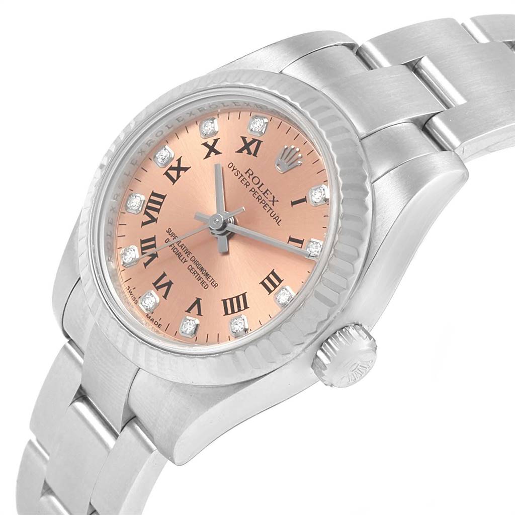 This image shows a close-up of the Rolex Oyster Perpetual 176234 Women's Stainless Steel Pink Dial 176234 Women's Stainless Steel Pink Dial watch at an angle, highlighting the dial, crown, and part of the bracelet.