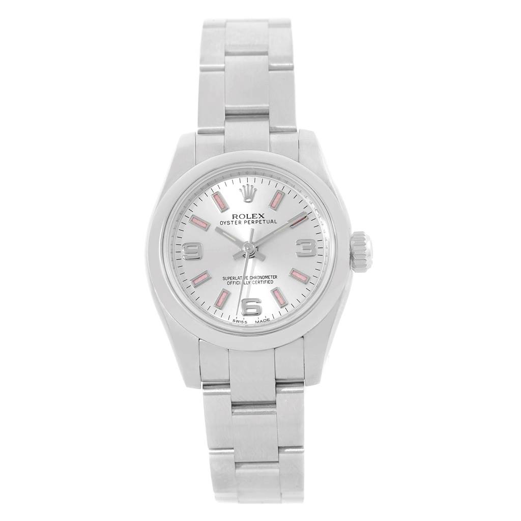 The Rolex Oyster Perpetual 176200 Women's Stainless Steel Silver Dial 176200 Women's Stainless Steel Silver Dial is shown from a front angle, displaying the full watch face and bracelet.