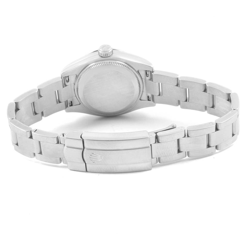 The image shows the back view of a Rolex Oyster Perpetual 176200 Women's Stainless Steel Silver Dial 176200 Women's Stainless Steel Silver Dial watch, highlighting the case back and the Oyster bracelet with the clasp.