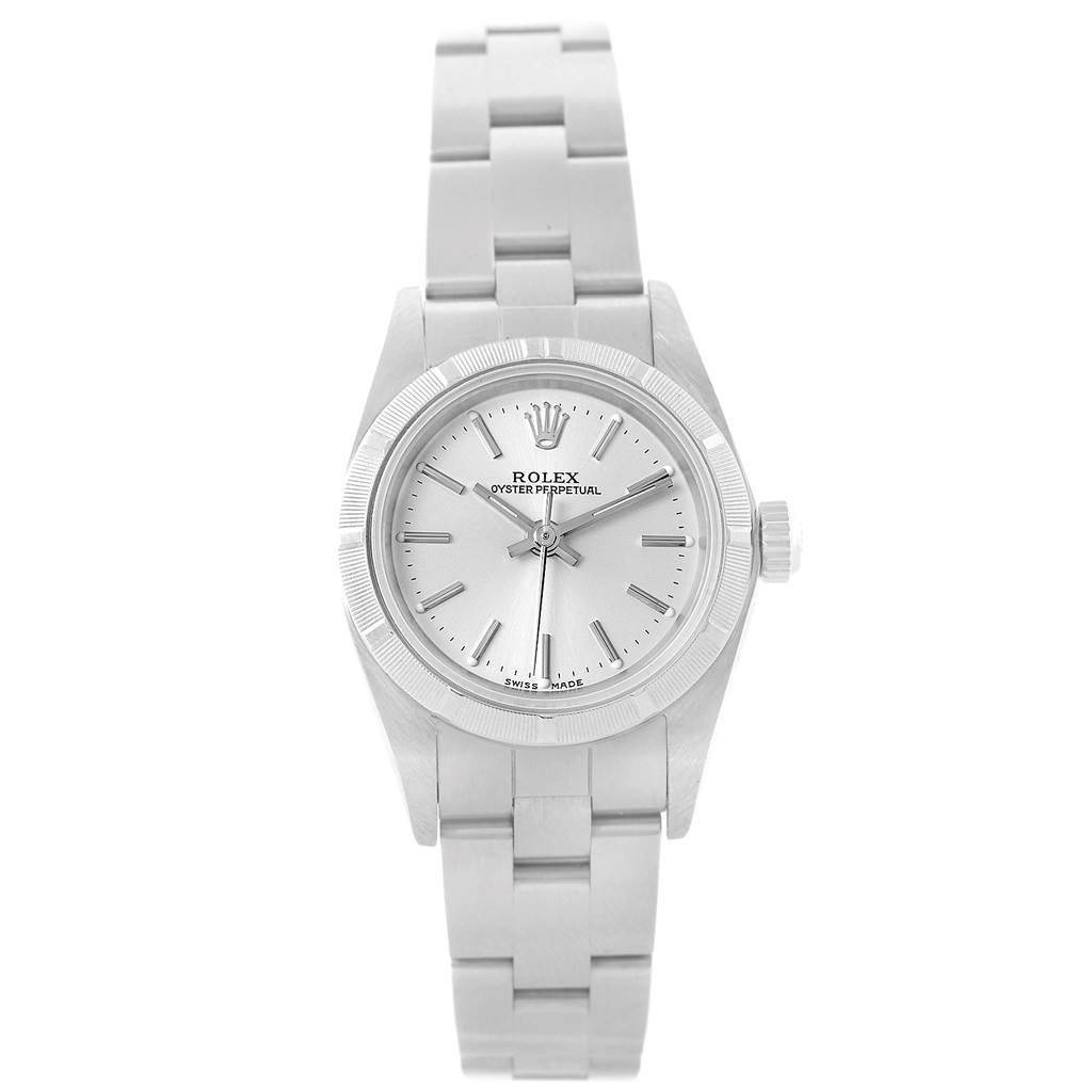 The Rolex Oyster Perpetual 76030 Women
s Stainless Steel Silver Dial 76030 Women
s Stainless Steel Silver Dial watch is shown from a front angle, displaying the face, bezel, and bracelet.