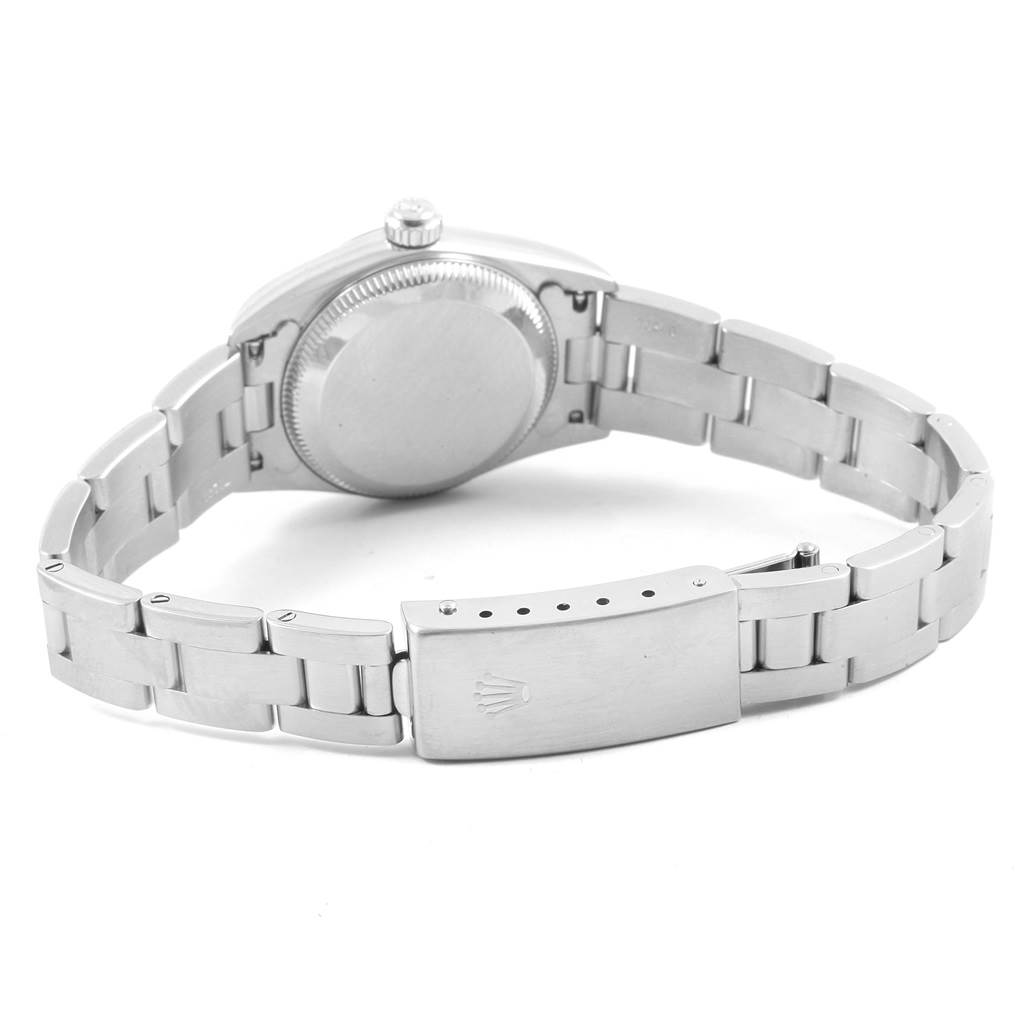 The image shows the back view of the Rolex Oyster Perpetual 76030 Women
s Stainless Steel Silver Dial 76030 Women
s Stainless Steel Silver Dial watch, highlighting the case back, bracelet, and clasp.