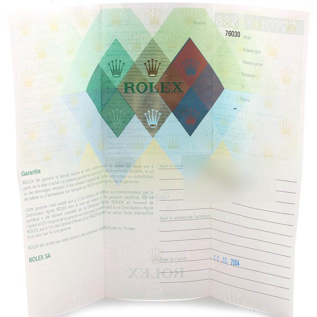 The image shows a Rolex Oyster Perpetual 76030 Women
s Stainless Steel Silver Dial 76030 Women
s Stainless Steel Silver Dial warranty card with brand and model details, written information, and the Rolex logo.