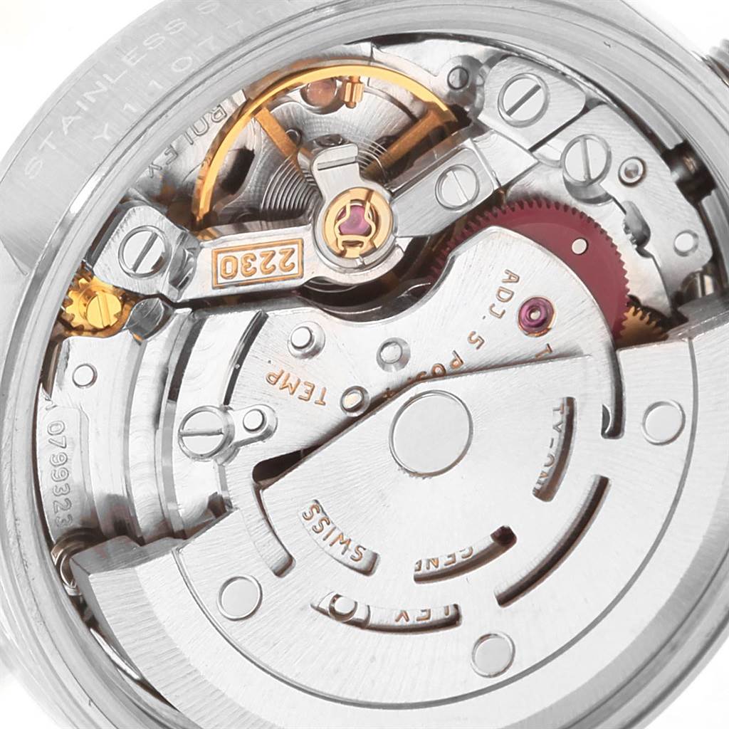 This image shows the detailed internal mechanism and movement of the Rolex Oyster Perpetual 76030 Women
s Stainless Steel Silver Dial 76030 Women
s Stainless Steel Silver Dial model from a close-up angle.