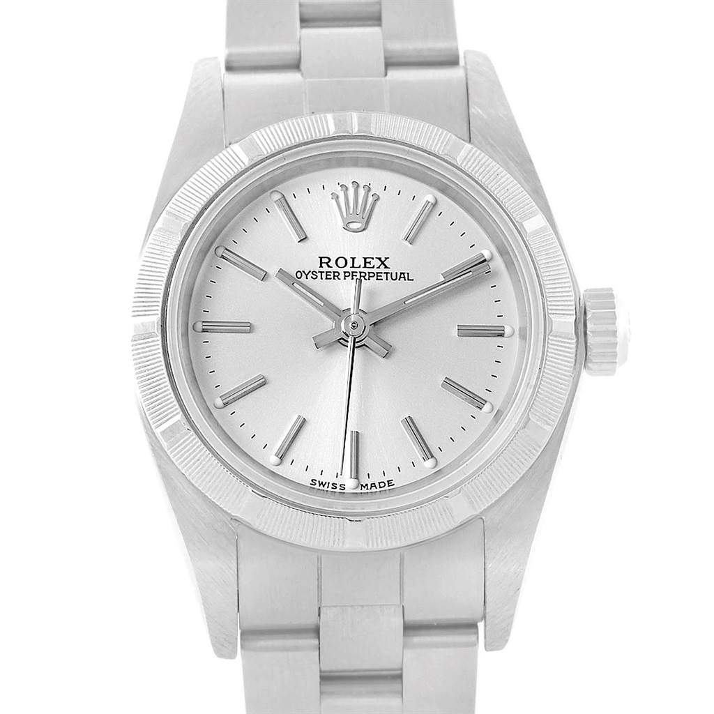 This image shows a front view of a Rolex Oyster Perpetual 76030 Women
s Stainless Steel Silver Dial 76030 Women
s Stainless Steel Silver Dial watch displaying the dial, case, bezel, crown, and bracelet.