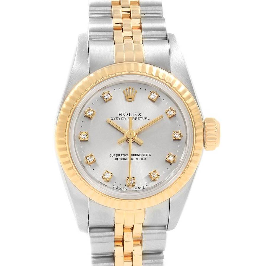 The image shows a front view of a Rolex Oyster Perpetual watch, highlighting its dial, bezel, crown, and bracelet.