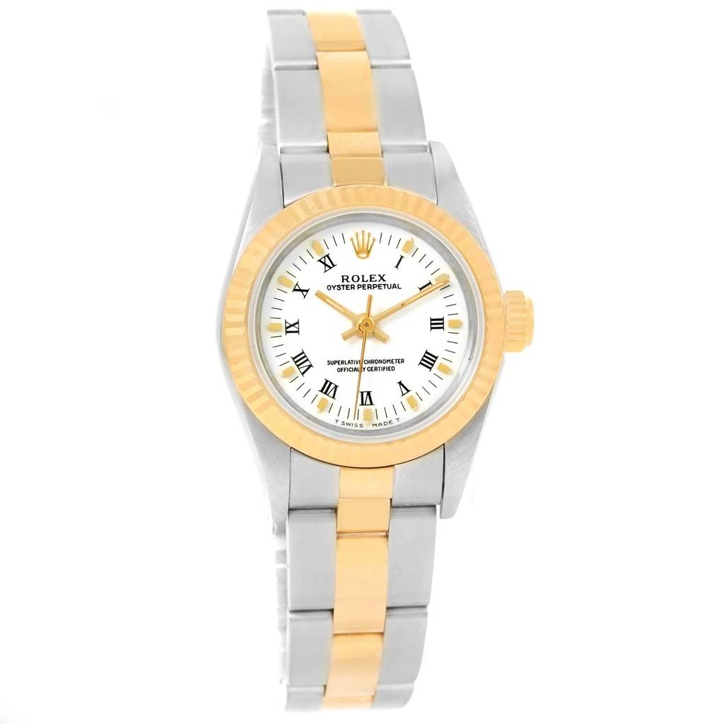 The image shows a front view of a Rolex Oyster Perpetual 67193 Women's Steel and Gold (two tone) White Dial 67193 Women's Steel and Gold (two tone) White Dial watch featuring a two-tone band and a white dial with Roman numerals.