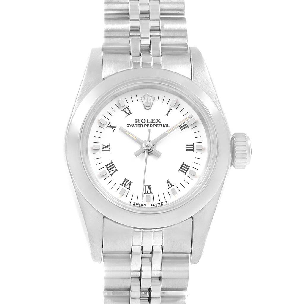 The Rolex Oyster Perpetual 67180 Women's Stainless Steel White Dial 67180 Women's Stainless Steel White Dial watch is shown from a top-down angle, highlighting its face, bezel, lugs, crown, and bracelet.