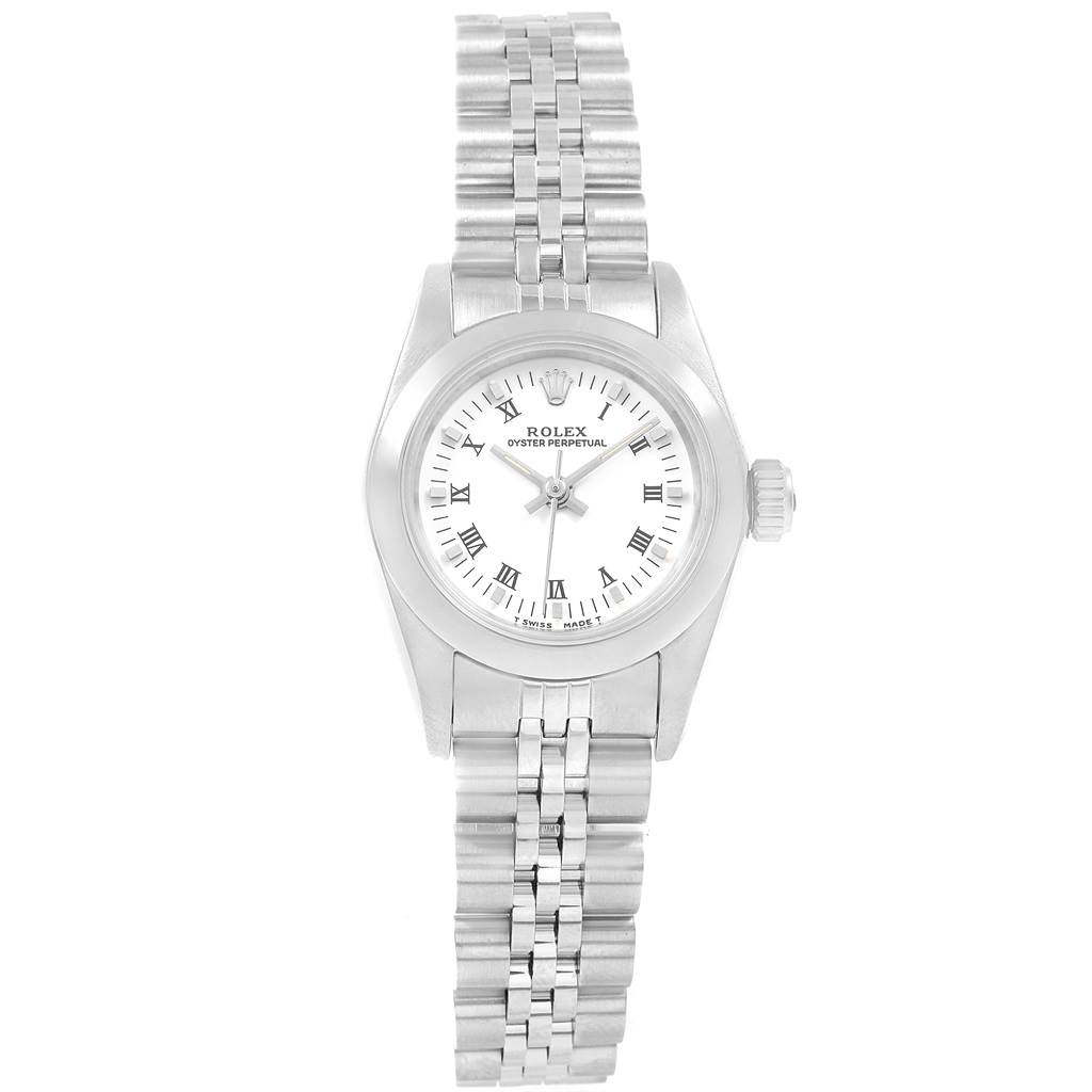 The image shows a front view of a Rolex Oyster Perpetual 67180 Women's Stainless Steel White Dial 67180 Women's Stainless Steel White Dial watch, highlighting its face, bezel, and bracelet.