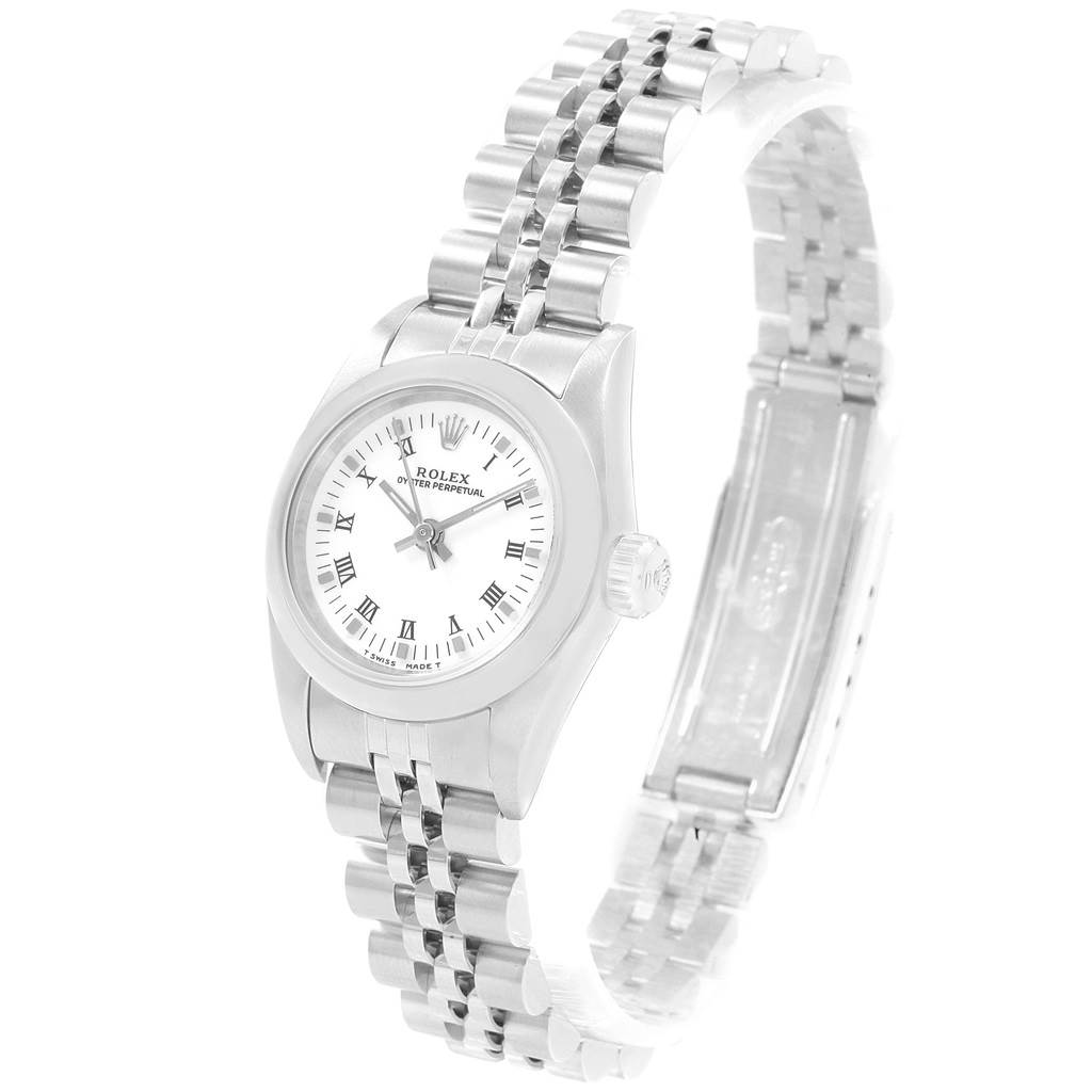 The image shows a front and slight side angle of a Rolex Oyster Perpetual 67180 Women's Stainless Steel White Dial 67180 Women's Stainless Steel White Dial watch, displaying its dial, crown, and stainless steel bracelet.