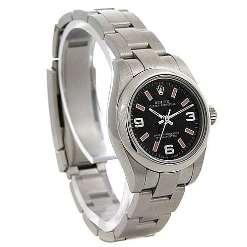 The Rolex Oyster Perpetual 176200 Women's Stainless Steel Black Dial 176200 Women's Stainless Steel Black Dial watch is shown at a three-quarter angle, displaying the face, bezel, and stainless steel bracelet.