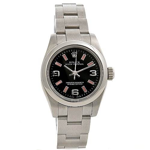 The image shows a front view of a Rolex Oyster Perpetual 176200 Women's Stainless Steel Black Dial 176200 Women's Stainless Steel Black Dial watch, highlighting its face, bezel, and bracelet.