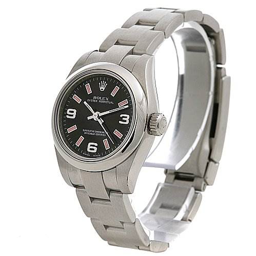 This image shows a Rolex Oyster Perpetual 176200 Women's Stainless Steel Black Dial 176200 Women's Stainless Steel Black Dial watch at a three-quarter angle, displaying the face, casing, crown, and bracelet.